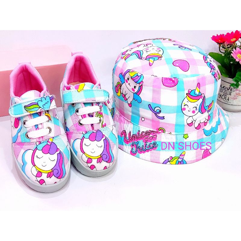 Paket Sneakers Anak Topi Bucket Anak Perempuan Paket Sepatu Tali Anak Topi Bucket Tali Hat Anak Perempuan Lucu Karakter Unicorn Tosca Pink Juice