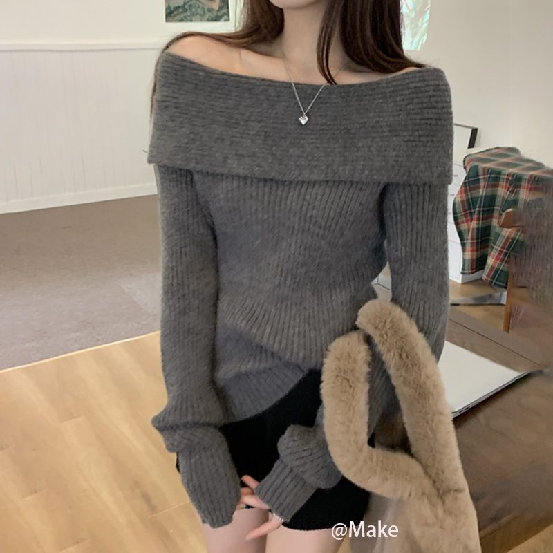 Red [Keinginan Kecil] Sweater Rajut Lengan Panjang Temperamen Gaya Wanita Slim Chic Sweater Off-The-Shoulder Wanita Menebal