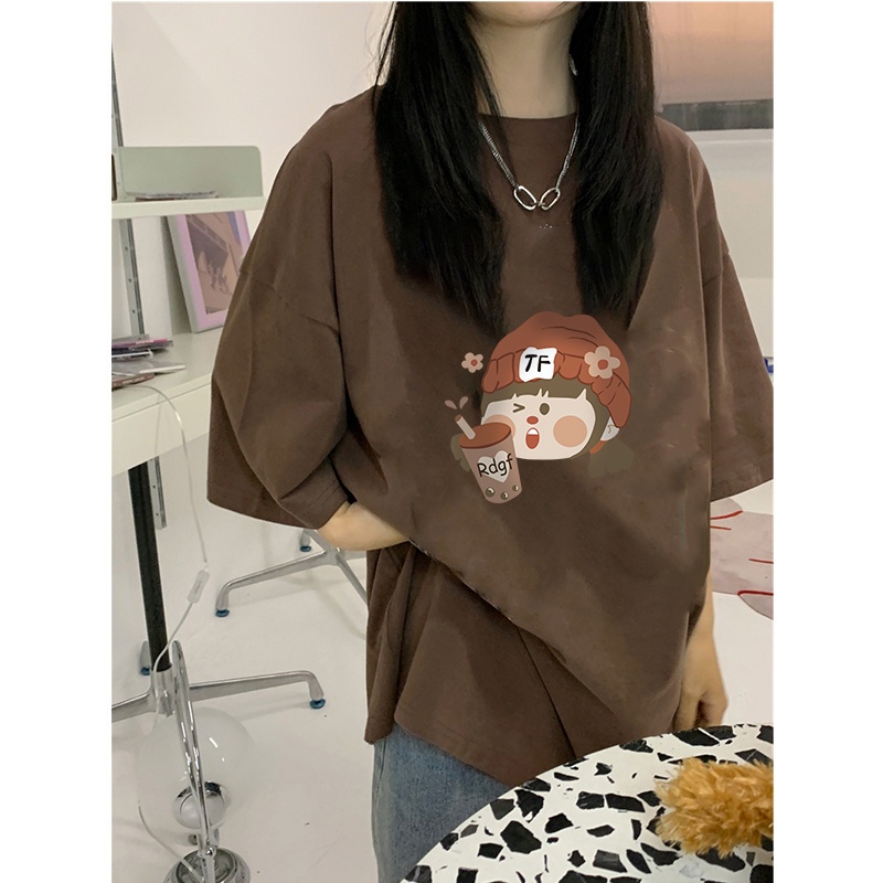 100%  Katun Vintage Kaos Lengan Pendek Cream Atasan Wanita Oversize Cartoon Girl Printed T-shirt Kekinian Korean Style/kaos wanita jumbo