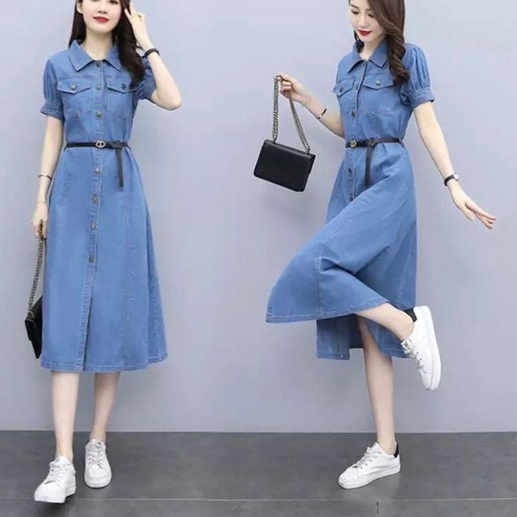 Promo DRESS JEANS WANITA LENGAN PENDEK / LONG  TUNIK JEANS WANITA LENGAN PENDEK  ( FREE BELT )