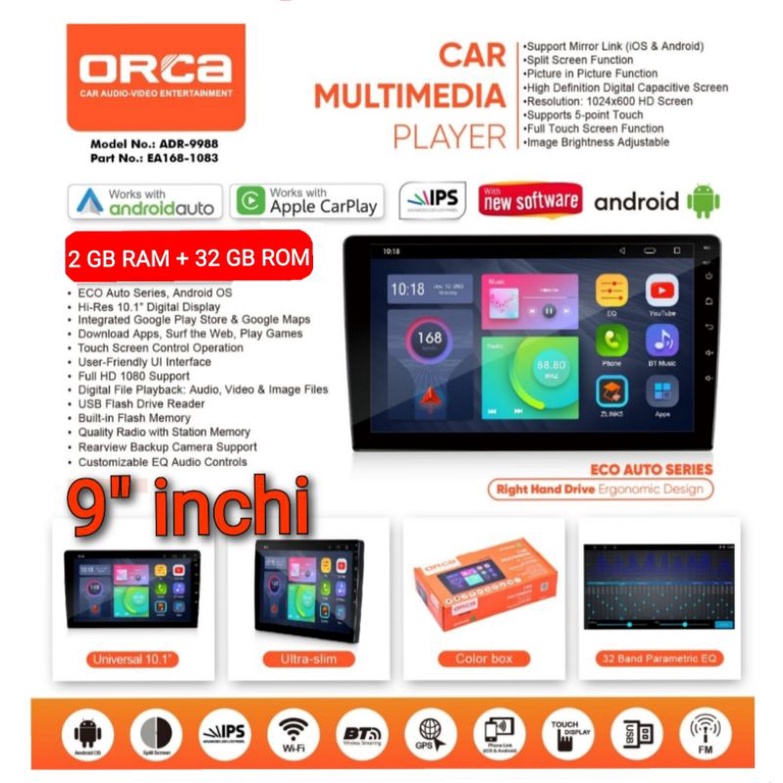 Head Unit Android Brio Android Mobilio Android BRV 9 inch Android Ram 2 Gb Rom 32 Gb ORCA ADR 9988