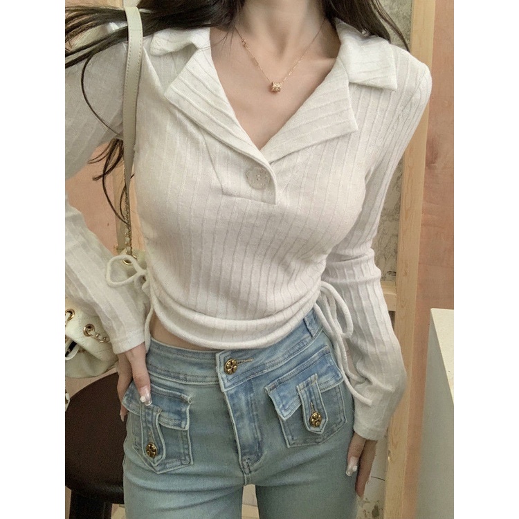 Red High-end polo kerah serut lengan panjang t-shirt wanita musim gugur dan musim dingin selera desain ceruk keinginan murni manis dan pedas bottoming shirt top