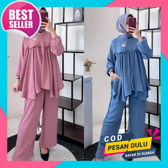 Shaggy Set/ Stelan Kulot Long Tunik Sublim Viral/One Set Kulot Long Tunik Kringkle Terbaru Setelan T