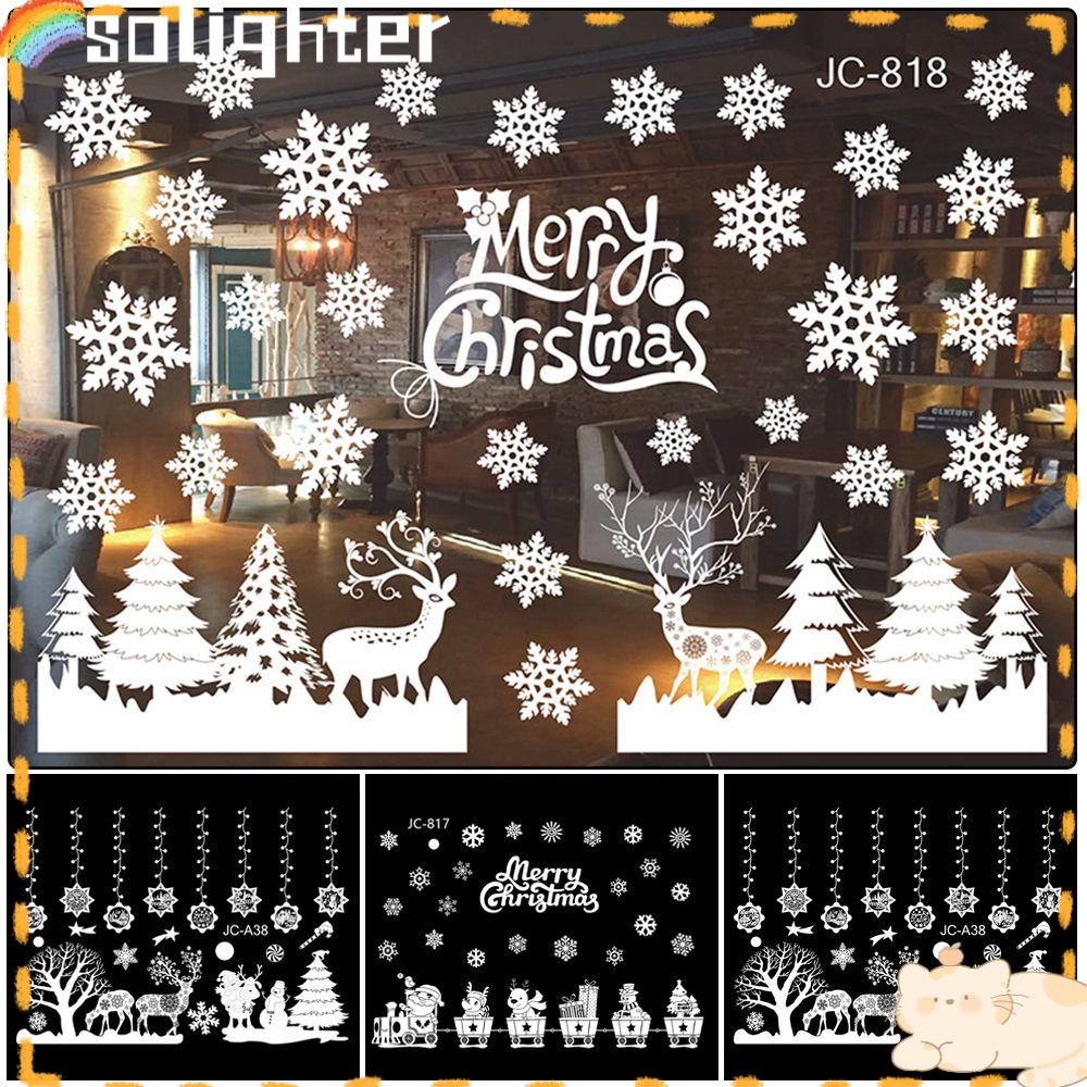 Solighter Statis Stiker Removable Santa Claus Xmas Elk Dekorasi Rumah Snowman Putih Decal