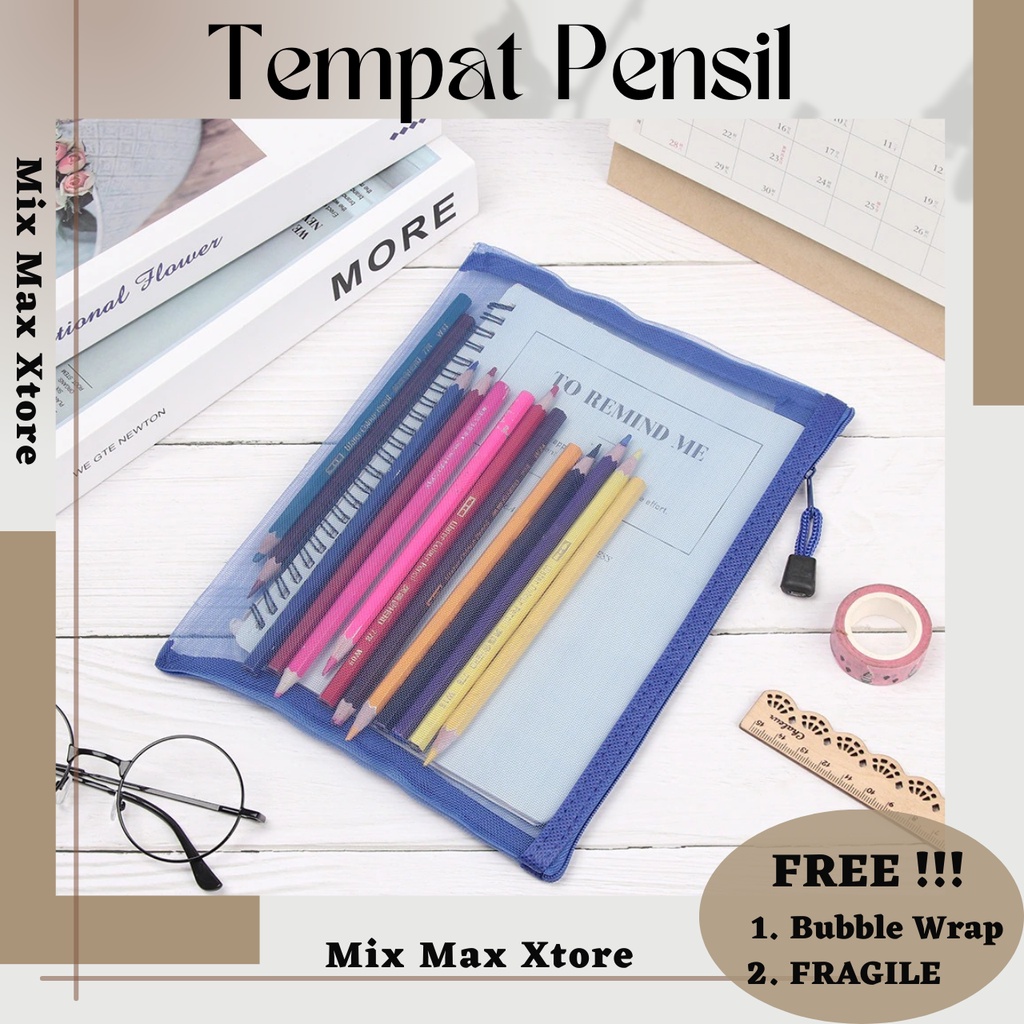 

Tempat Pensil Kotak Pensil Jaring Transparan 3 Ukuran Document Organizer Zipper Bag A4 A5 A6 - Blue