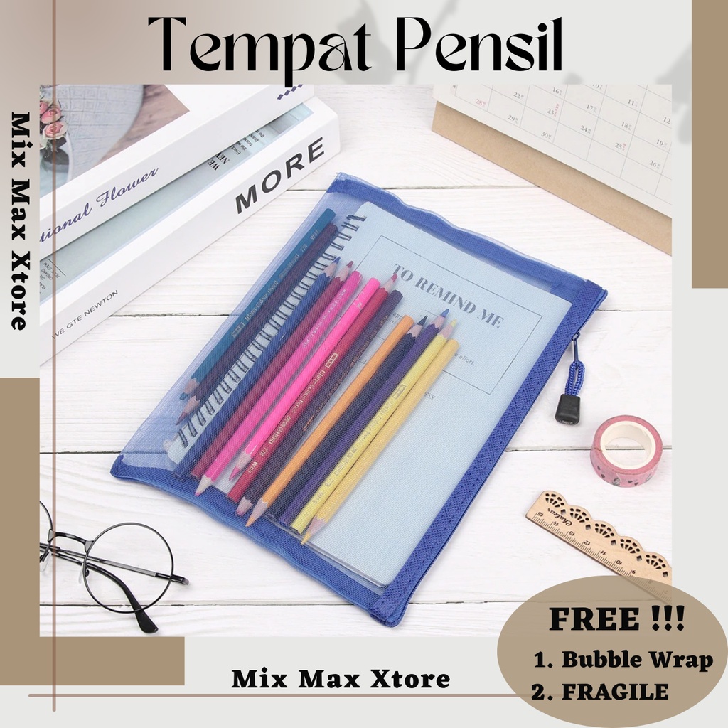 Tempat Pensil Kotak Pensil Jaring Transparan 3 Ukuran Document Organizer Zipper Bag A4 A5 A6 - Blue