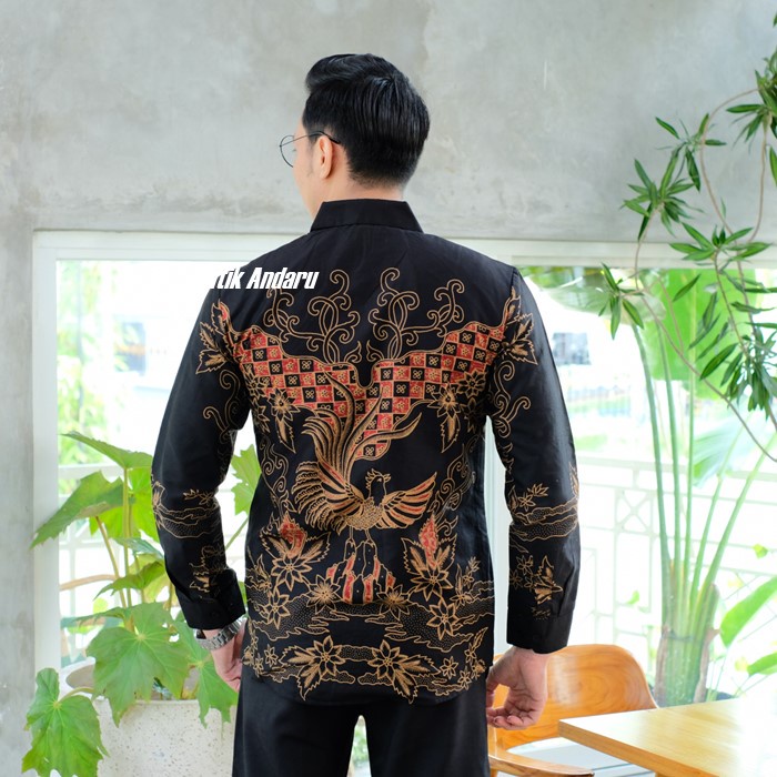 Kemeja Batik Pria Slim Fit Lengan Panjang Heem Premium Warna Hitam Kombinasi Merah Maron