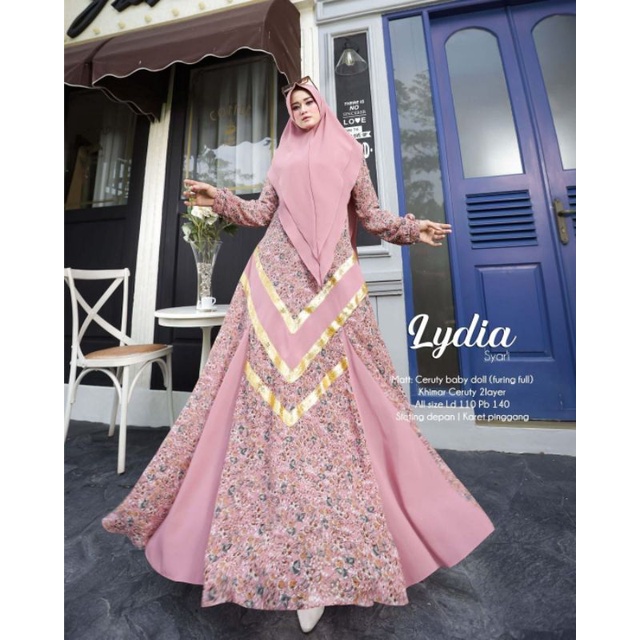 Lydia Syari G3 matt ceruty babydoll furing full, khimar ceruty 2 layer, Ld 110 Pb 140, sleting depan