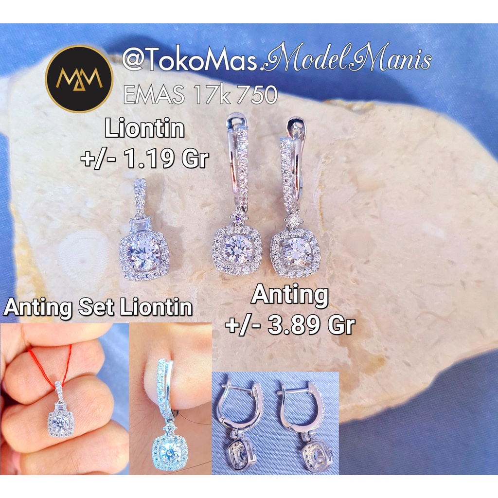 Anting liontin perhiasan set kotak variasi emas putih 750 kadar 17k