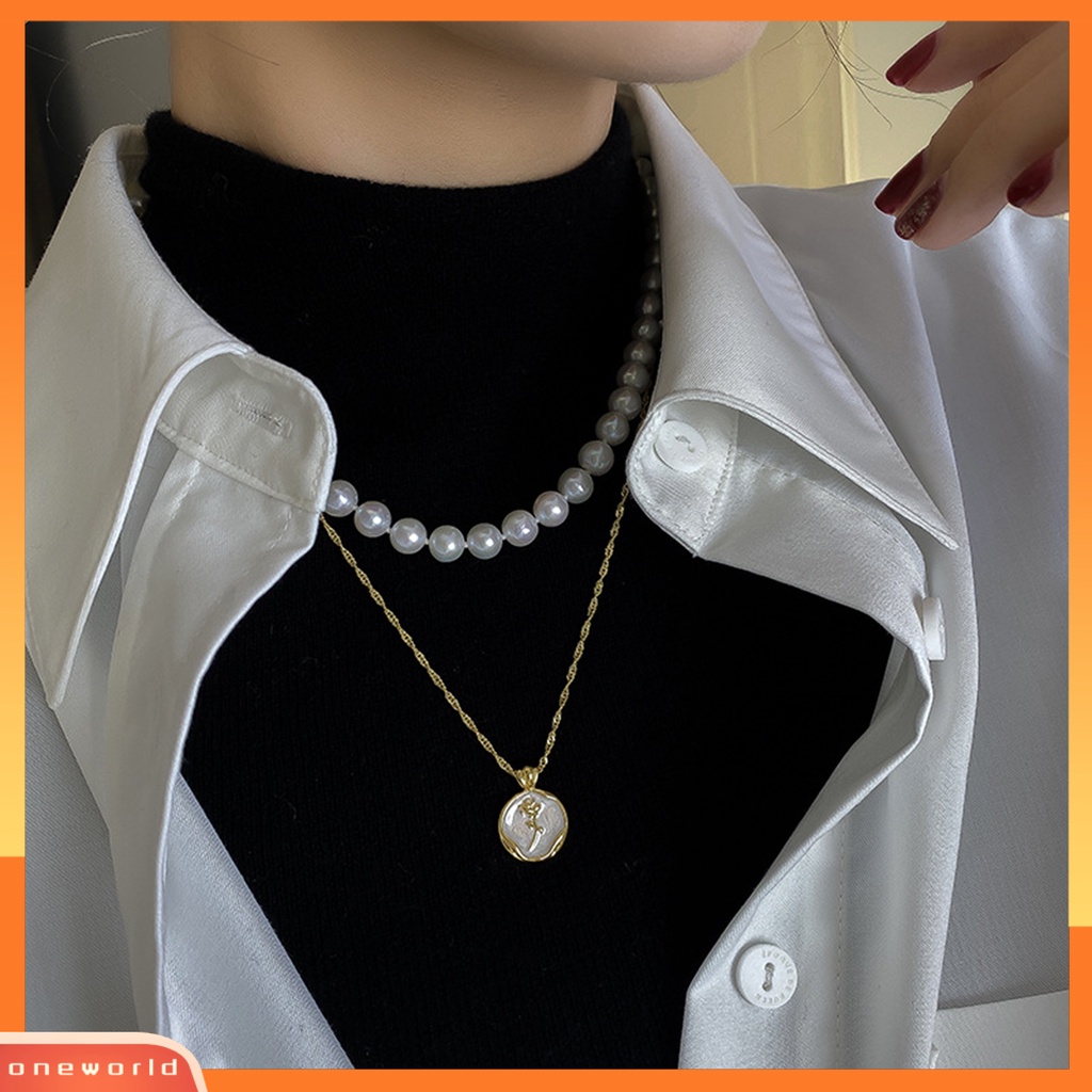 [ONWL] 2pcs/set Wanita Kalung Gaya Perancis Retro Elegan Rose Liontin Hadiah Lapisan Ganda Mengkilap Tinggi Mutiara Imitasi Klavikula Kalung Perhiasan Aksesoris