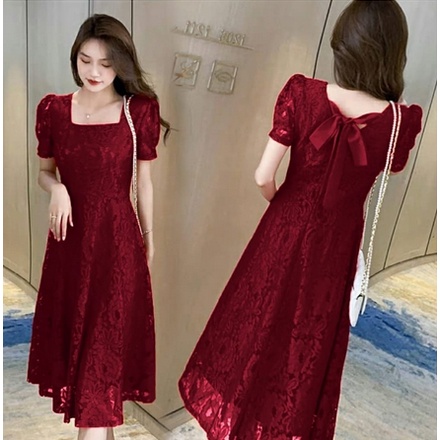 Midi Dress Pesta natal Wanita Dewasa Brukat Korea Style Terbaru 2023 Gaun Dress Brukat Madel Simple 