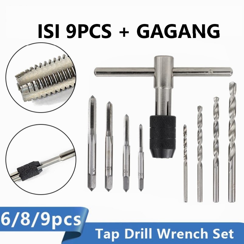 hand tap bor tangan untuk perbaikan drat set 9 pcs 4 mata hand tap + mata bor serta sepasang gagang 