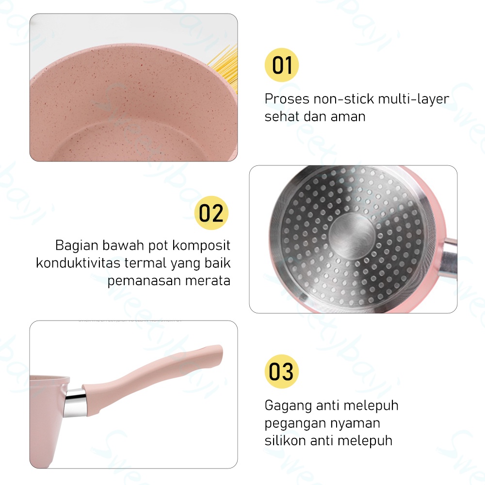 SweetyBayi Wajan anti lengket Panci susu steamer teflon marbel mini Alat penggorengan peralatan masak 12/14/16cm