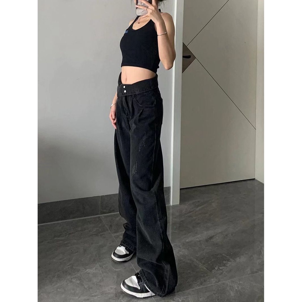 ✁American ins retro wash black jeans women s summer hot girl design sense loose and thin straight wide-leg pants