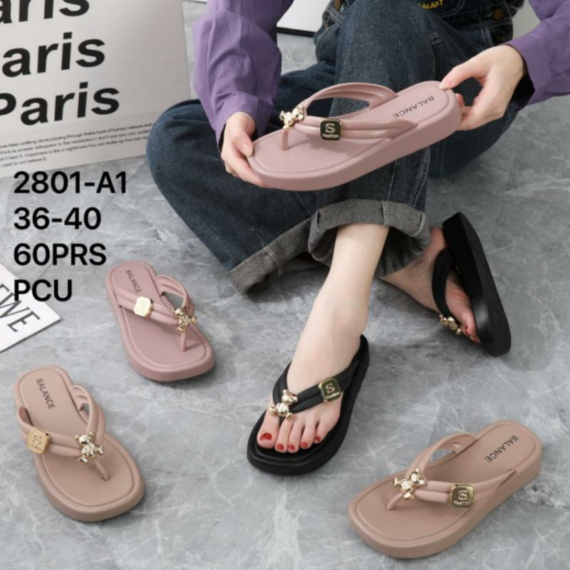 2801-A Original Balance Sandal Wedges Jepit Wanita Korean Slippers Bahan Karet Rubber Elastis Super Empuk Import Sendal Jelly Japit Tebal Tinggi Impor Sol Anti Slip Air Dewasa Cewek Perempuan Simpel Elegan 2801-A1 2801 Viral