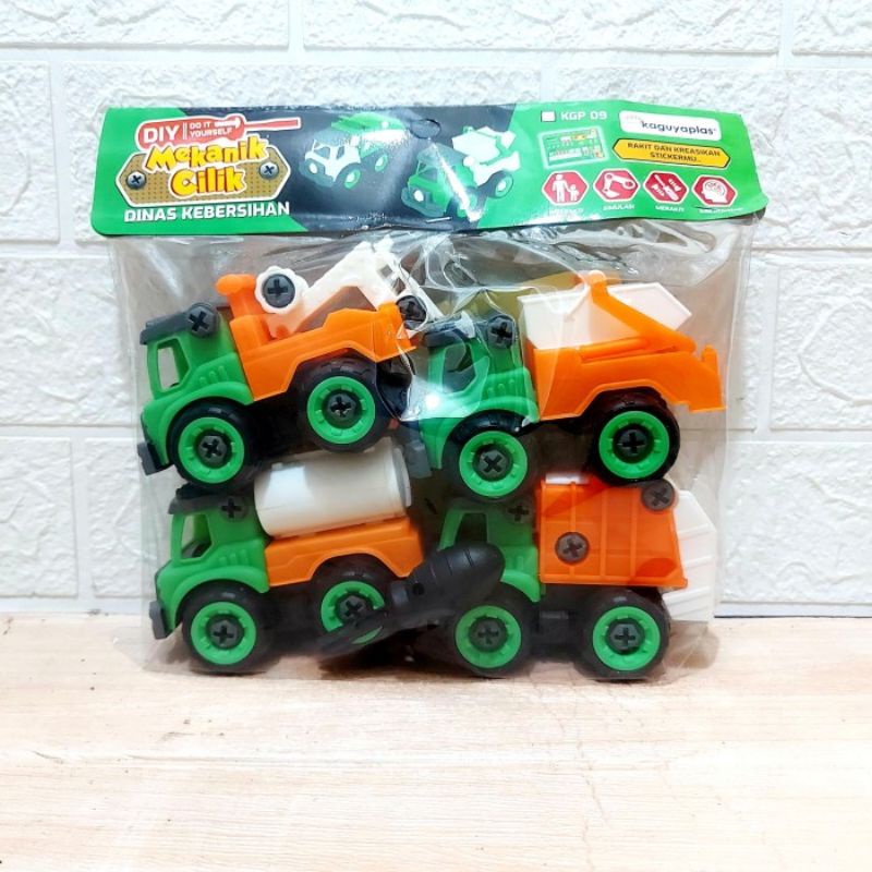 Mainan DIY Set Truk Kebersihan Bongkar Pasang Edukatif - Miniatur Model Mobil Mobilan Sampah Edukasi Motorik Anak Laki Cowok