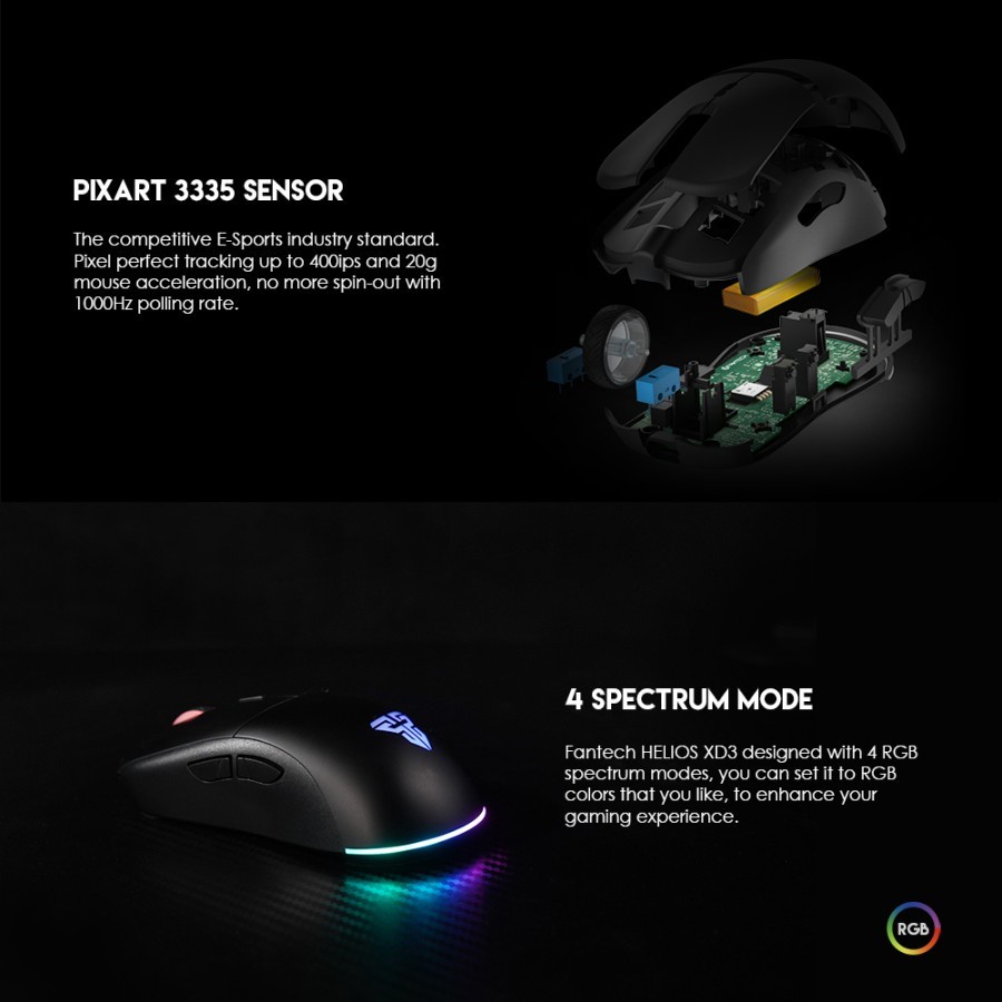 Mouse Fantech HELIOS XD3 Wireless Gaming RGB Dual Mode - Black / Hitam