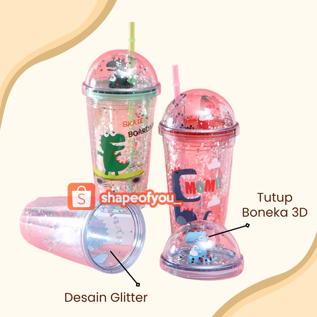 Botol minum Sedotan Tumbler Animal Dino Glitter 600ml Anti Tumpah Bpa Free