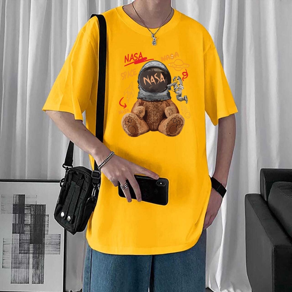 KIYOWO-Baju Kaos Atasan Kasual Oversize Motif Nasa Bear Unisex Lengan Pendek