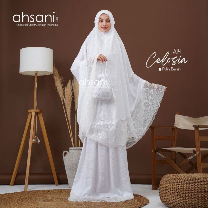 MUKENA AHSANI CELOSIA A 14 MUKENAH PUTIH BERSIH SILKY ORI MUKENA 2IN1