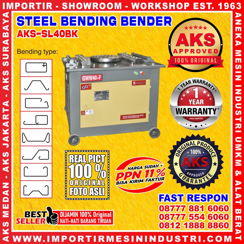 Mesin Penekuk Besi Behel Beton Eser 40 mm Steel Bar Bender 3 Kw AKS - SL40BK