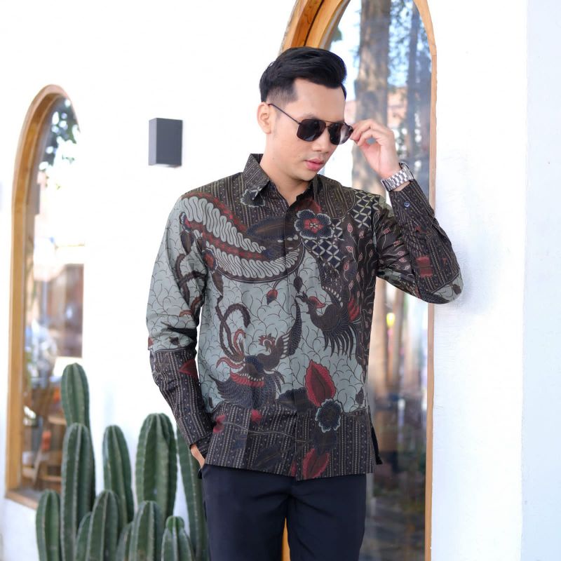 Baju Batik Pria Lengan Panjang Pendek Hitam Abu Kombinasi Ori Kulo