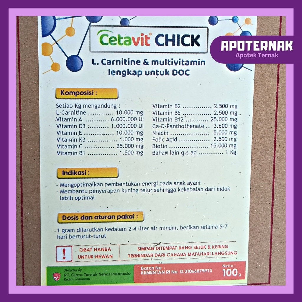 CETAVIT CHICK | Multivitamin Lengkap Khusus Bibit Unggas Ayam DOC &amp; Bebek DOD | 100 gr