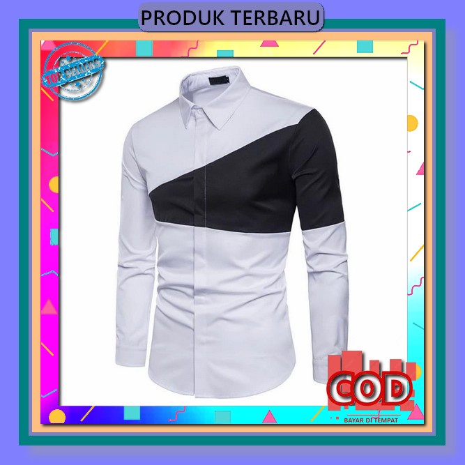 Gsl Kemeja Pria Lengan Panjang Motif Polos Salur Hitam Putih Katun Flanel Import Baju Atasan Cowok D