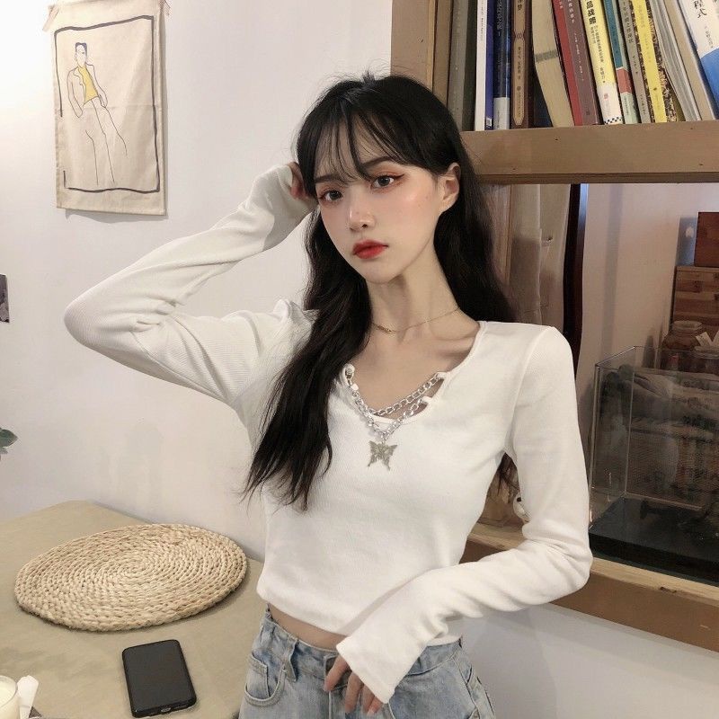 Red 2022 musim gugur gaya Korea baru slim bottoming shirt top rasa desain rantai hitam pendek lengan panjang T-shirt pakaian wanita