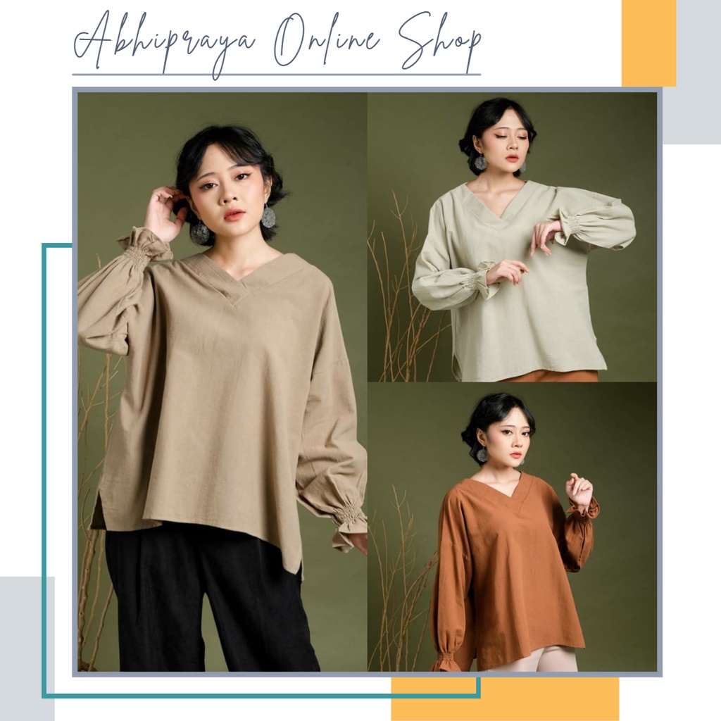 Baju Atasan Blouse Wanita Linen Polos Casual Masa Kini NH01 1016276