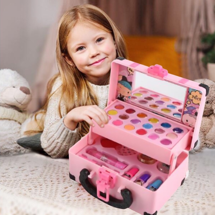32 PCS Mainan Anak Perempuan Make Up Tas Kosmetik Lipstik Eye Shadow Makeup Set Kosmetik Peralatan Kecantikan Tidak Beracun Kotak Make Up Set Mainan untuk Gadis Ulang Tahun Hadiah Set Riasan Larut dalam air, tidak membahayakan kulit