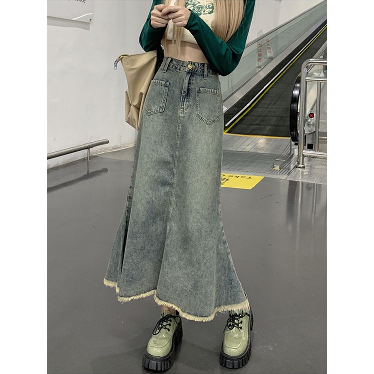 Rok denim split gaya Korea rok a-line wanita berpinggang tinggi sedang untuk menutupi rok pinggul selangkangan