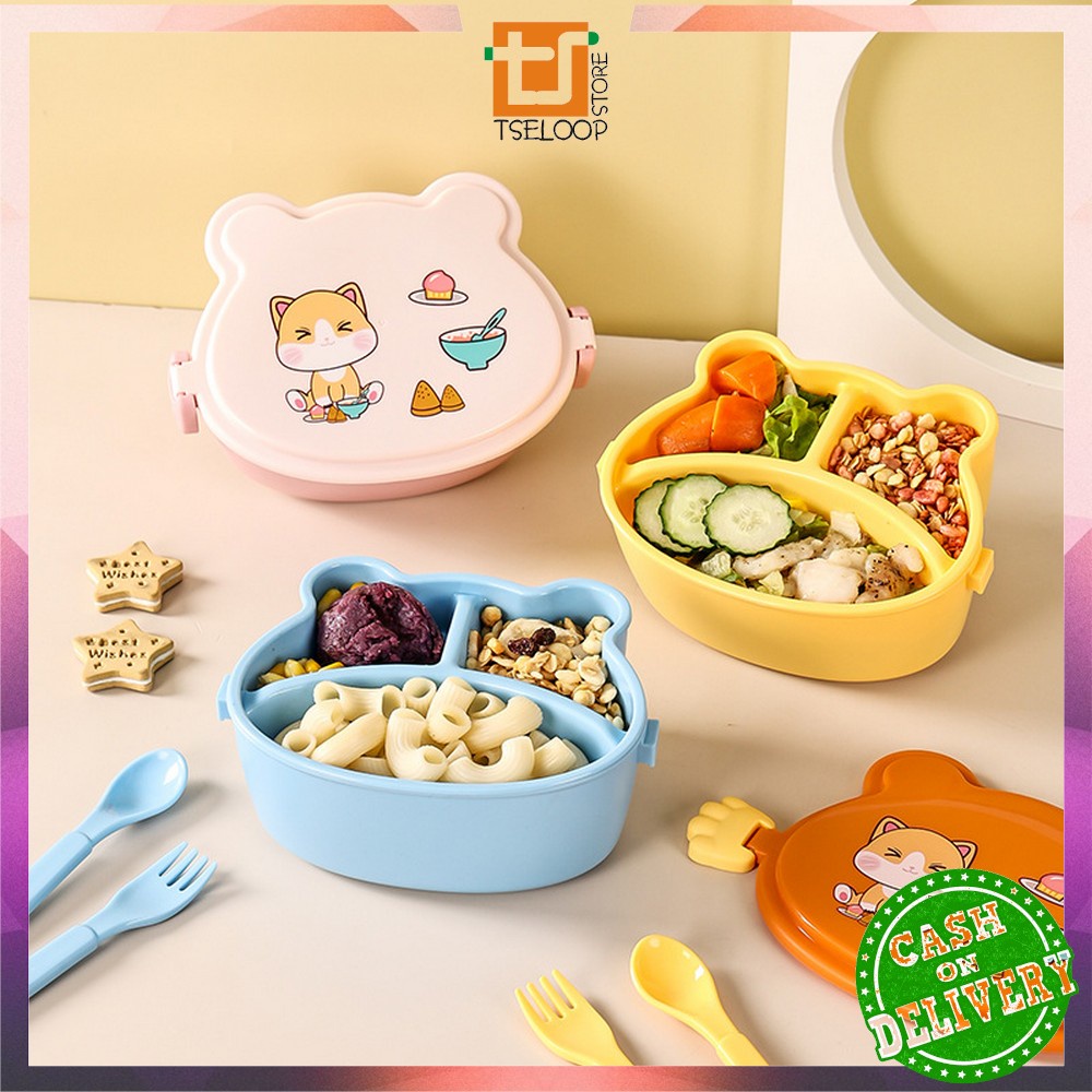 OFM-C777 Kotak Bekal Anak Set Sendok Garpu Motif Cartoon Lucu Lunch Box / Tempat Makan tingkat Anak Karakter Kucing BPA FREE