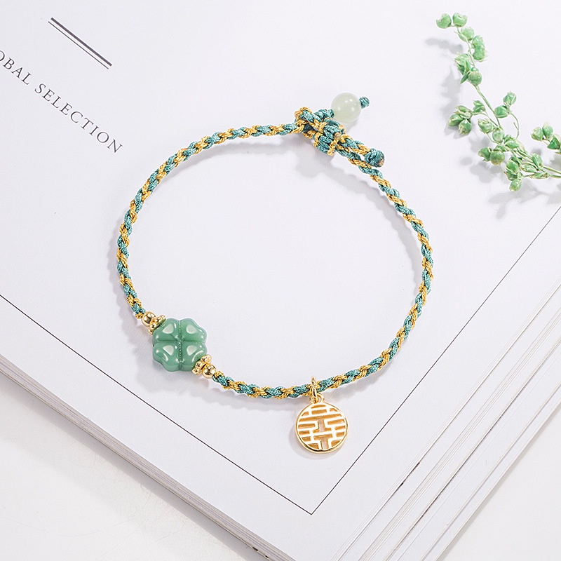 Gelang Tali Woven Dengan Liontin Giok Hetian Clover Untuk Pernikahan