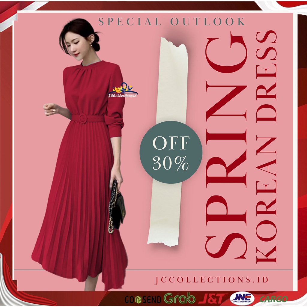 Long Dress ploi plisket lengan panjang wanita gaya korea Ganifia - JCCollections