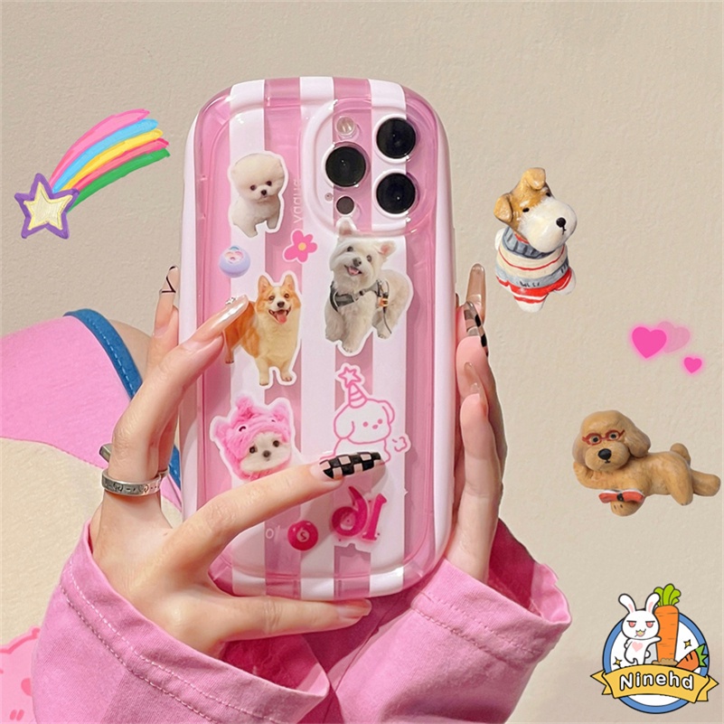 IPHONE Casing Kompatibel Untuk Iphone14 13 12 11 Pro Max X Xr Xs Max8 7 6 6s Plus SE 2020 Ins Cute Dog Pink Stripe Phone Case Silikon Transparan Shockproof Soft Case Cover Pelindung