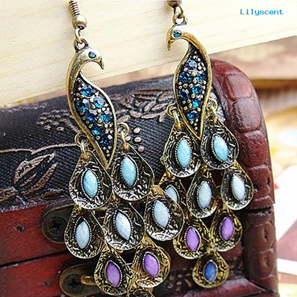 [LS] Anting Tusuk Gaya Bohemian Perhiasan Vintage Anting Kait Juntai Merak Untuk Pesta