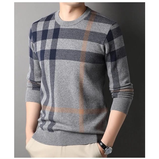 sweater crew-neck rajut tebal skrip pria