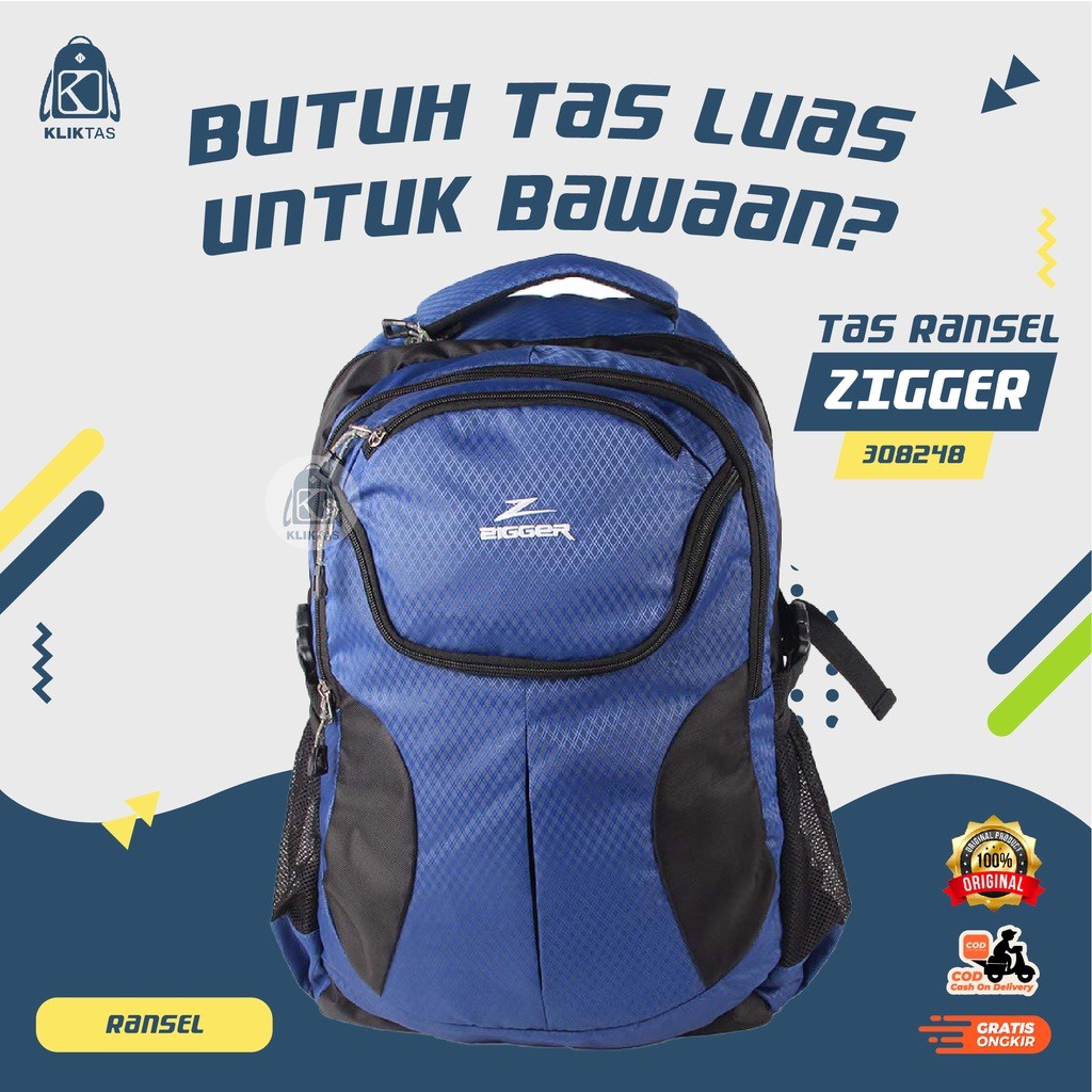 [KLIKTAS] Tas Punggung Ransel Pria Wanita Zigger 308248 Untuk Sekolah Kerja Kuliah Travelling Garansi Original Kualitas Premium