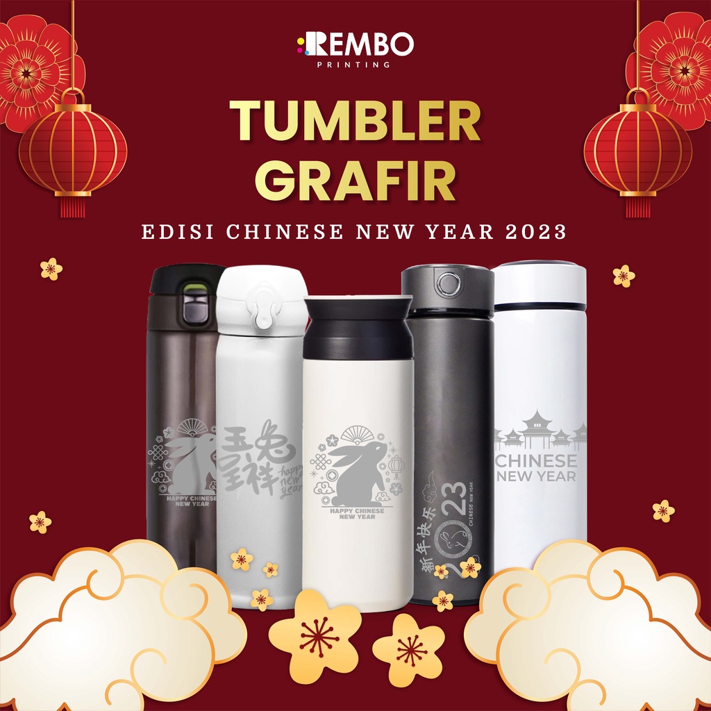 TUMBLER LASER GRAFIR SPESIAL Edisi Imlek Tahun Baru China Custom Termos Chinese New Year CNY 2023 Tahun Kelinci Year of Rabbit Tumbler Botol Minuman Cetak Satuan Grosir Souvenir Gift Hadiah Wedding Couple Thermos Unik Murah Lucu