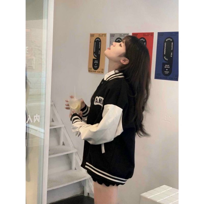 Jaket Baseball Big Size ( S - 6XL ) AHP Korean Street Style Hip Hop Jaket Varsity Kancing Bomber FLeece Unisex Jacket Boy Girl Pria Wanita Jumbo Hitam Putih Mix Kombinasi 2 Warna Street Style Bisbol Two Tone