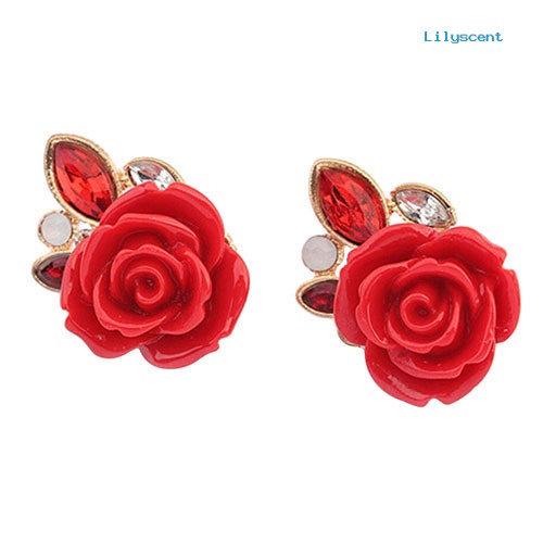 [LS] Wanita Retro Elegan Bunga Mawar Berlian Imitasi Hias Telinga Studs Earrings Hadiah