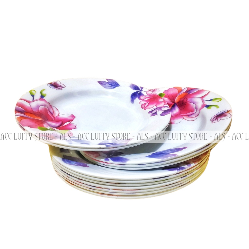 Satu Lusin/ 12 Pcs Piring makan Melamin Motif Bunga - Piring Melamin 9" - Piring Motif Bunga Ungu - 