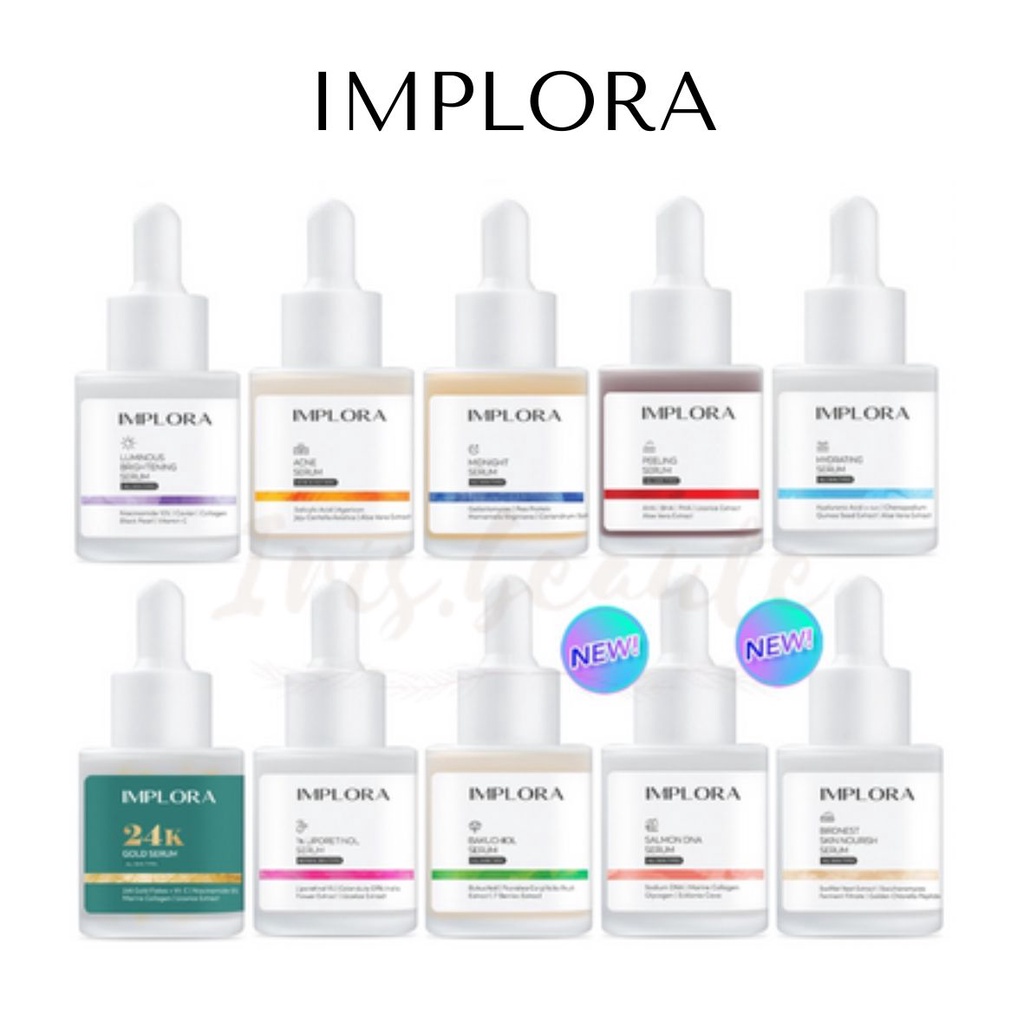 IMPLORA Serum Wajah All Series / Luminous Brightening Serum / Acne Serum / Midnight Serum / Peeling Serum / Hydrating / 24k Gold 1% Liporetinol / Bakuchiol / Salmon DNA / Birdnest Serum