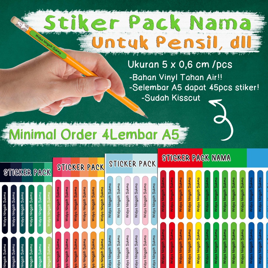 

[1 PAKET ISI 4 LEMBAR A5] - STIKER PACK NAMA / Stiker Pack Nama STIKER NAMA untuk Pensil, Pulpen, ATK, dan lain-lain / isi 45pcs per-A5