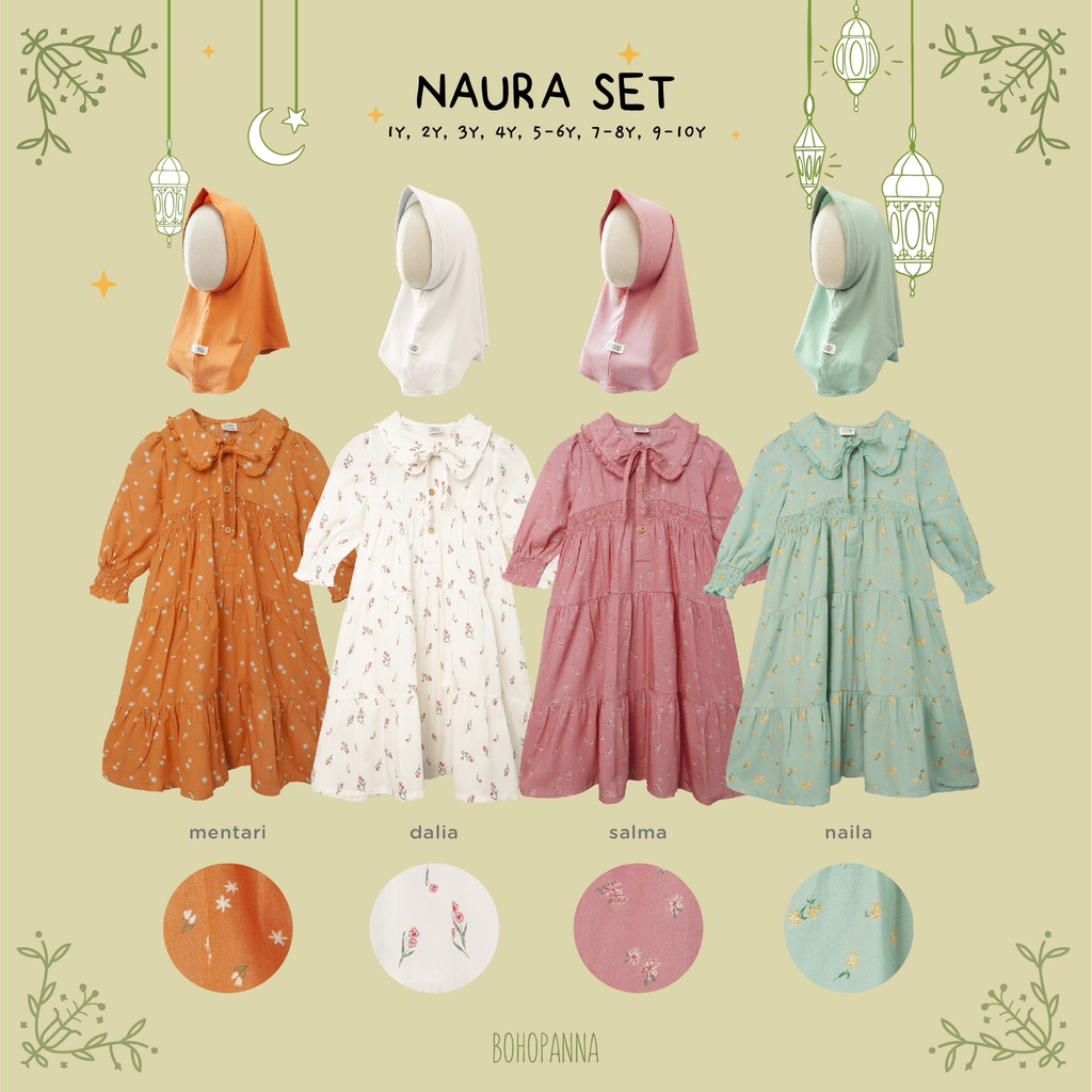 Bohopanna Naura Gamis Set 0-10 Tahun Set Gamis + Hijab Lebaran Anak Dan Bayi / Gamis Raya Anak Perempuan / Pakaian Muslim Anak