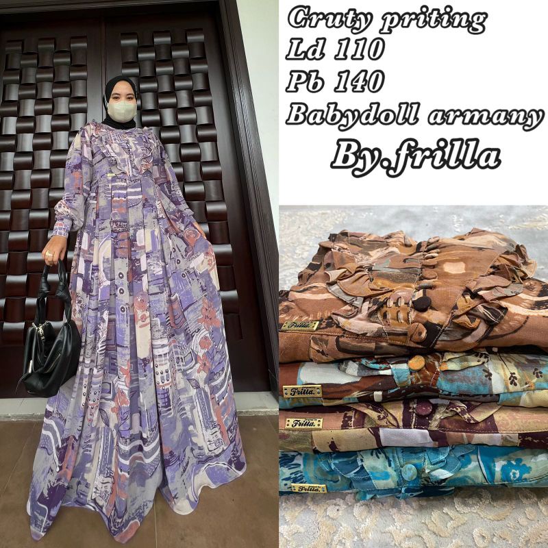 gamis ceruty printing frilla babydoll armani