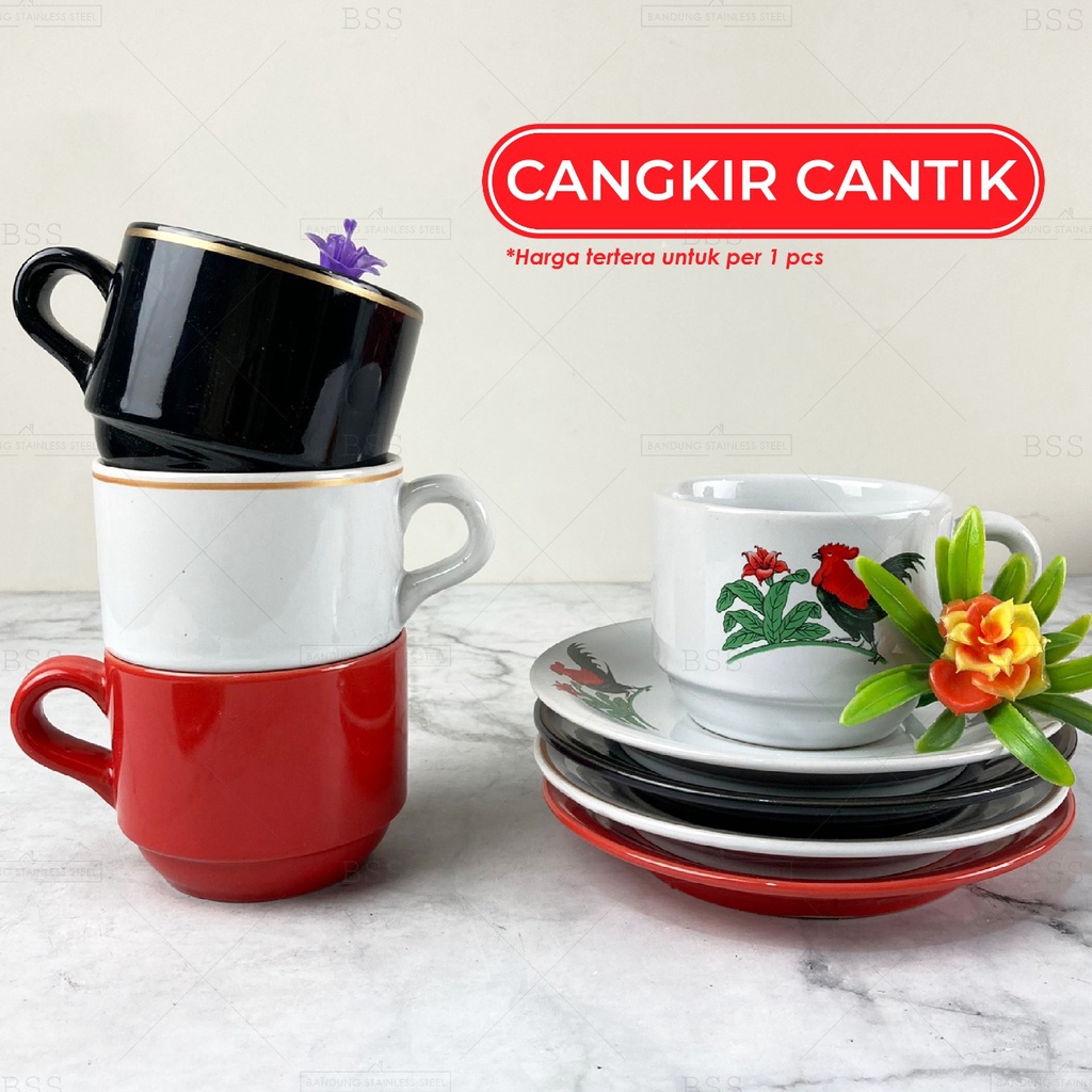 Cangkir Keramik 200ml Warna Cantik Tebal Set Gelas Cafe Minum Teh Kopi dengan Tatakan Souvenir Hadiah Gift Ayam Jago Red Black White list Gold