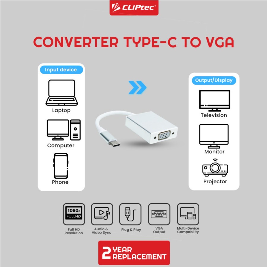 Usb 3.1 Type-c to vga converter cable cliptec FHD 1080p for phone laptop macbook - Konverter Usb-c to d-sub 15 pin