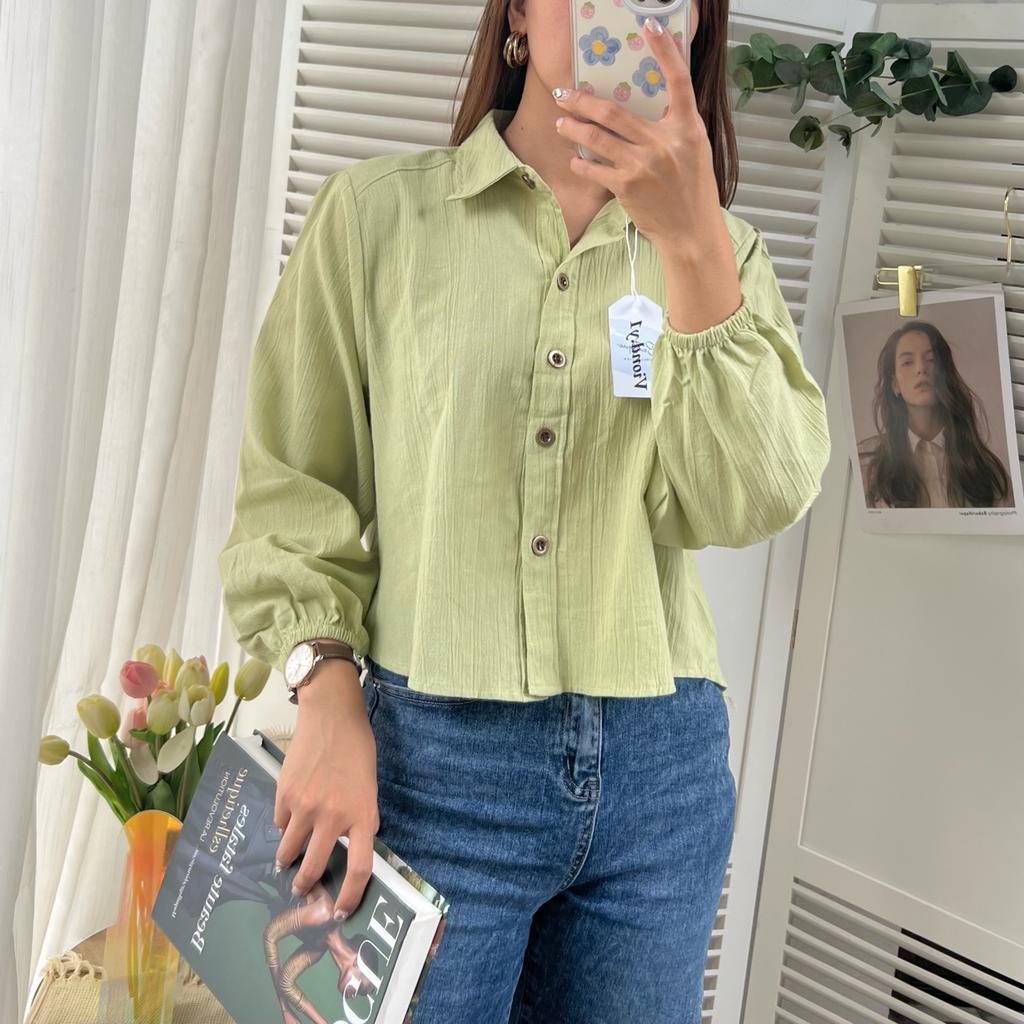 Atasan Wanita Korea Crop / Kemeja Linen Polos / Shirt Lengan Panjang / Blouse Longshirt E09